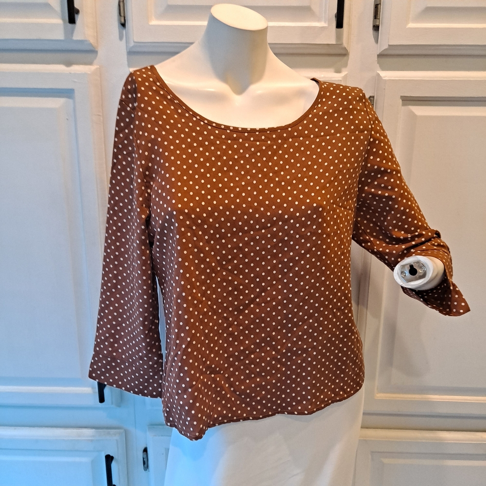 Everly Brown and White Polka Dot Blouse 3/4 Sleeve Scoop Neck